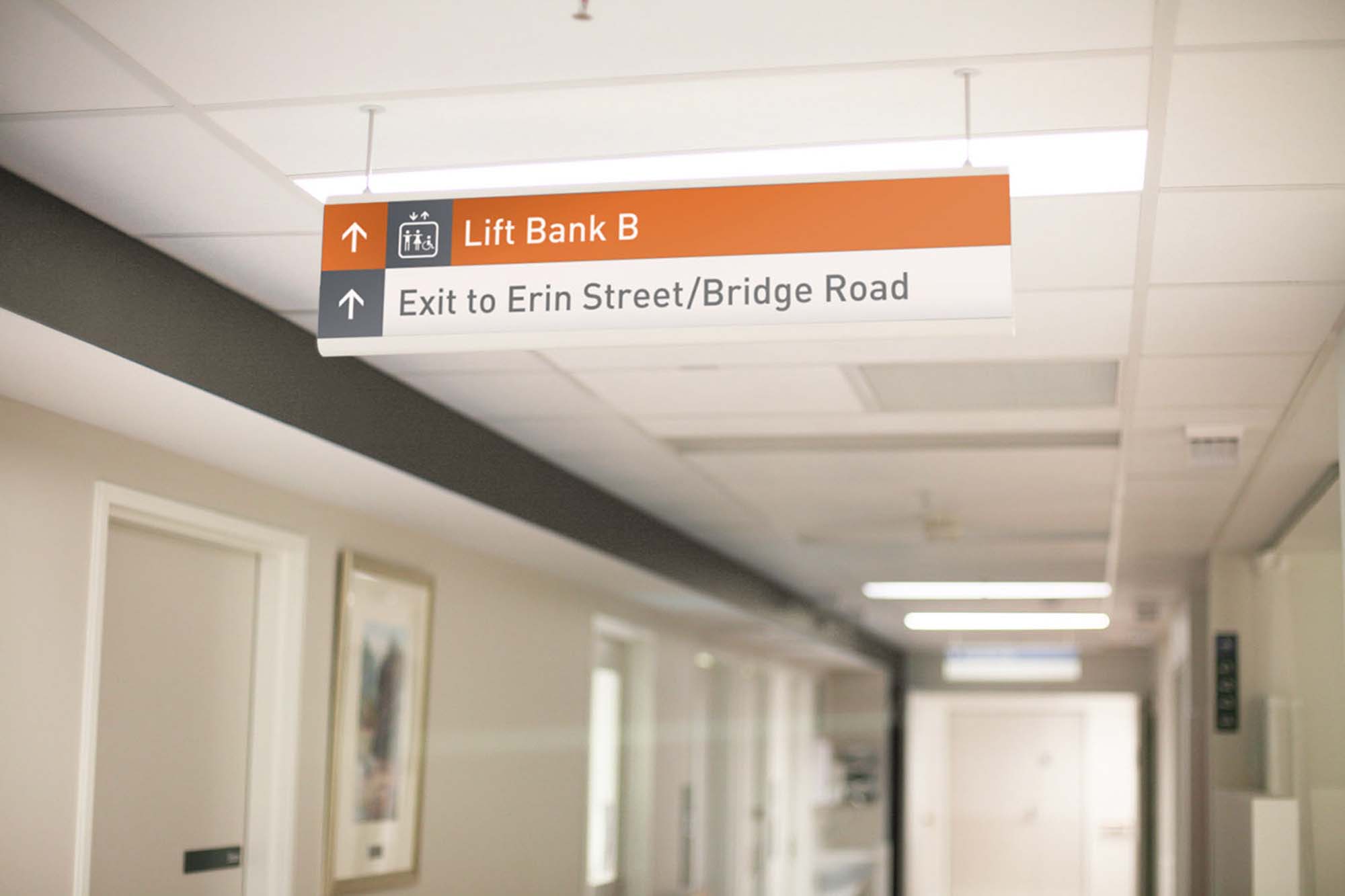 Suspended S2K healthcare wayfinding at Epworth Hospital